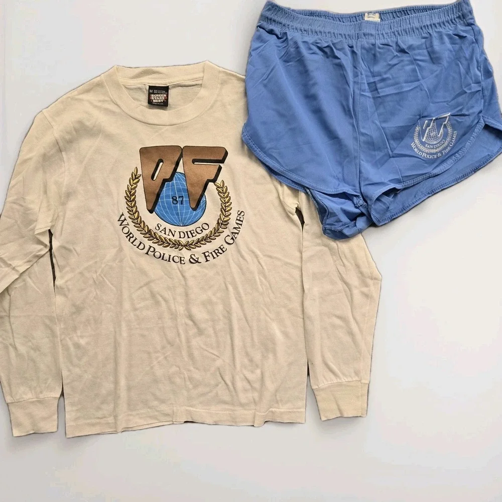 VTG 1987 World Police Fire‎ Games San Diego LS T-Shirt & Shorts White Medium